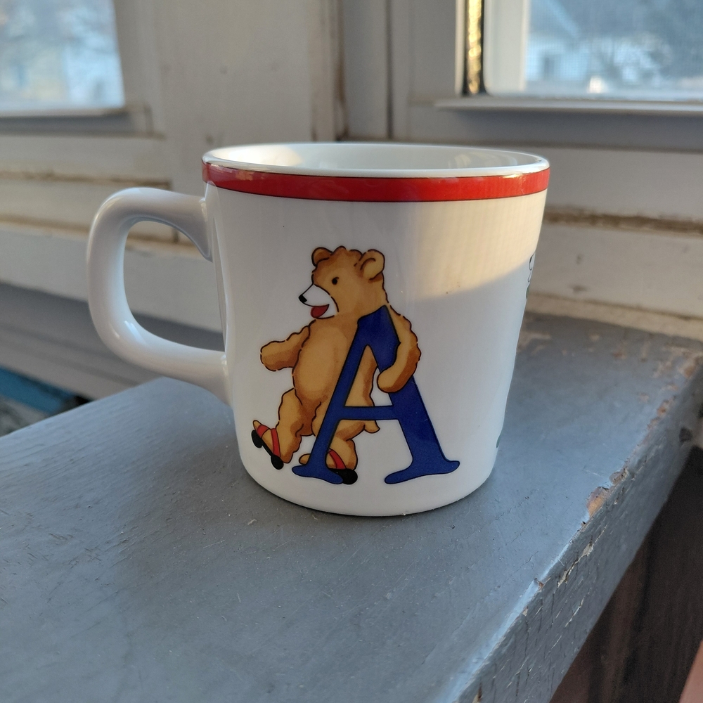 Vintage 90s Tiffany Alphabet Bears childrens ceramic mug cup Made in Japan 1994